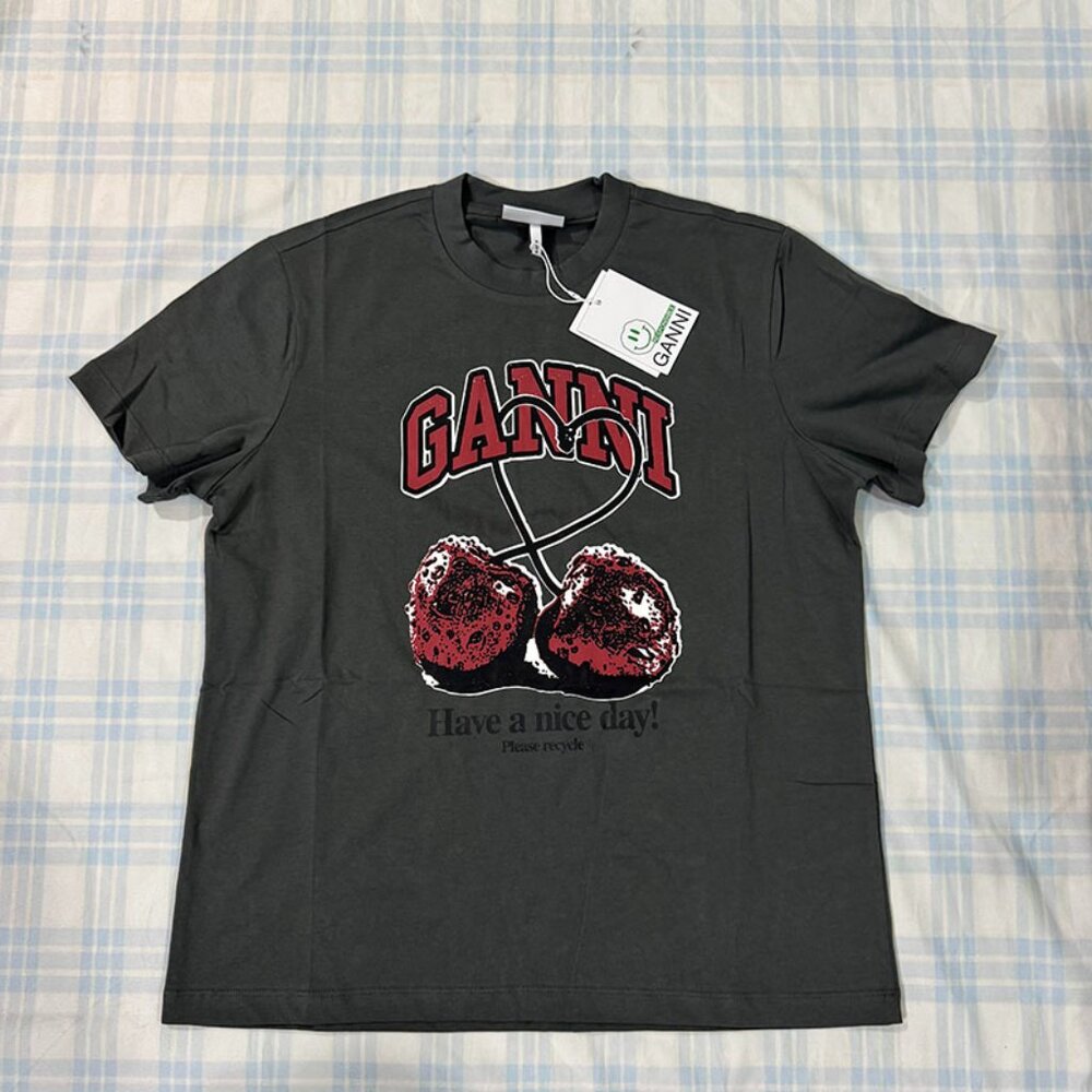 Ganni Gray Cherry Print Casual Crew Neck Short Sleeve
